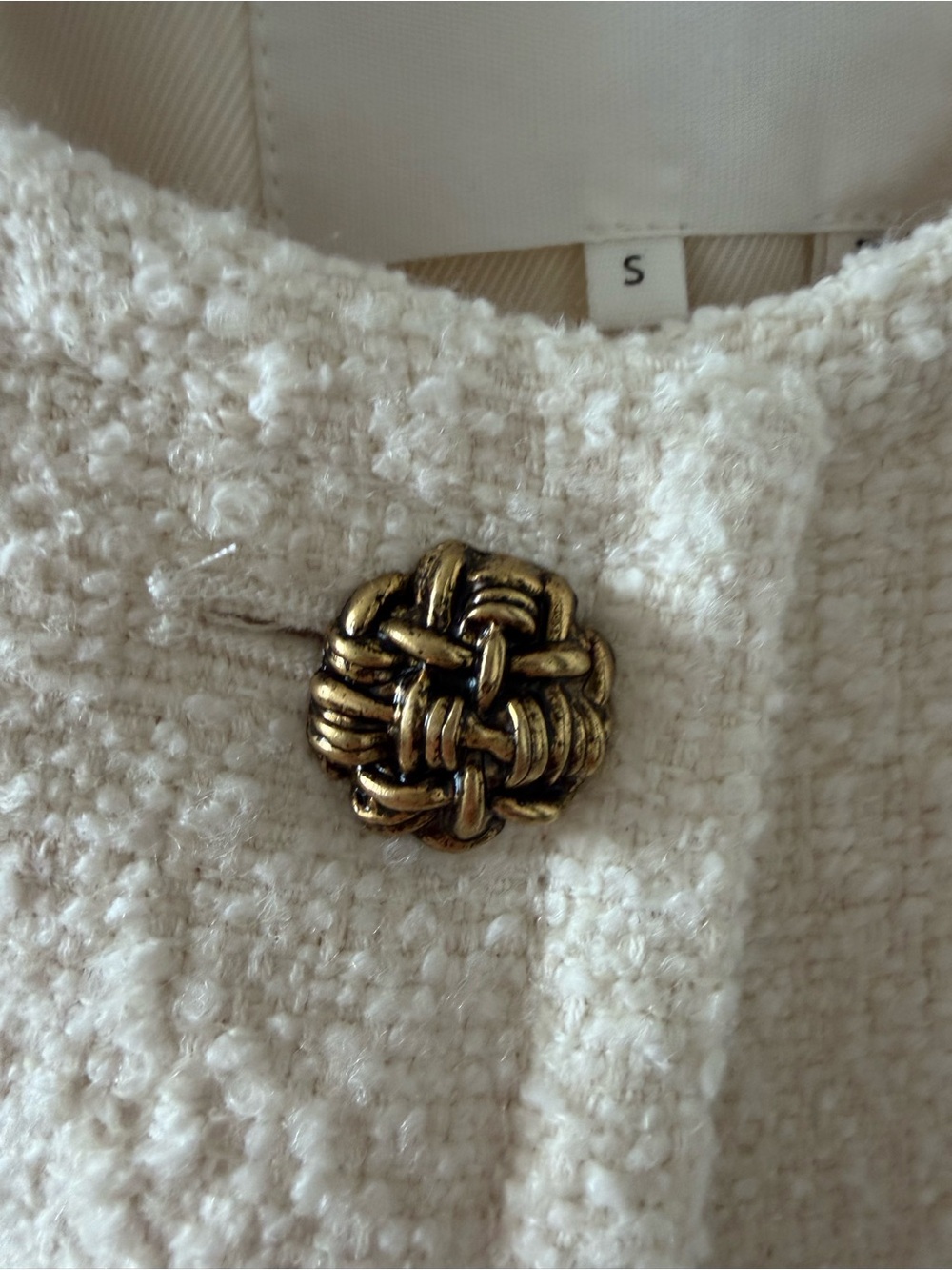 ba&sh Cream Bouclé Jacket with Gold Knot Button - Picture 3 of 4